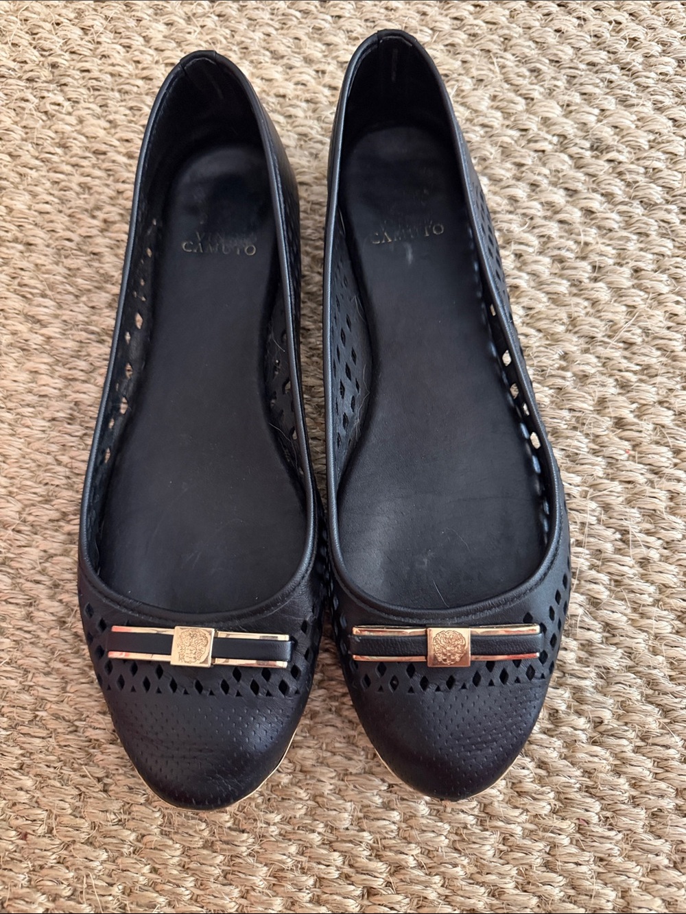 Vince Camuto Black Ballet Flats with Gold Accent Bar
